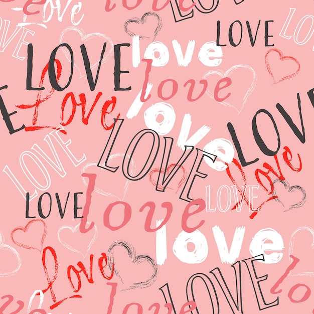 Padrão sem costura Letras de amor para papel de parede de papel de embrulho têxtil Fundo tipográfico moderno com corações
