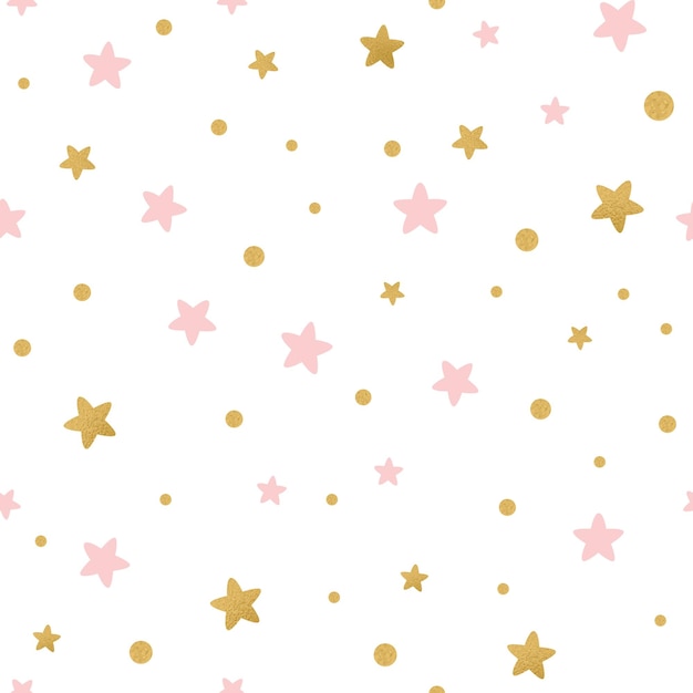 Vetor padrão sem costura leve decorado estrelas douradas e cor de rosa em branco ilustração vetorial para papel de parede de natal envoltório tecido tecido pano ou design de pacote fundo de chuveiro de bebê ou modelo de convite