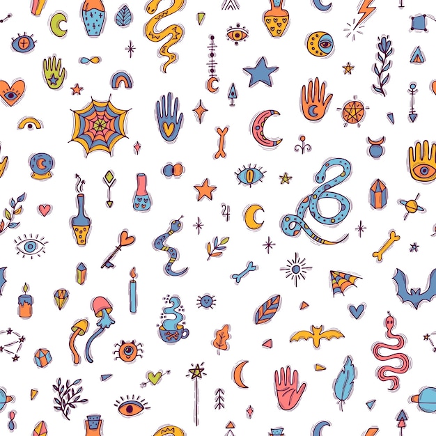 Padrão sem costura mágico desenhado à mão Halloween Doodle estilo boho Impressão de bruxaria Fundo esotérico místico