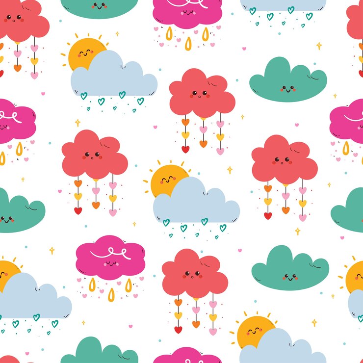 Vetor padrão sem costura nuvens de desenho animado personagem com amor chuva elemento do céu bonito papel de parede para crianças