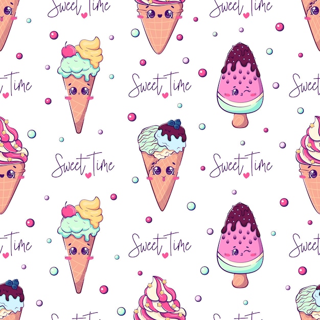 Vetor padrão sem costura para têxteis de verão com um bonito desenho animado de sorvete kawaii e doces com letras de tempo