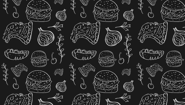 Padrão sem costura relacionado a fast food e plano de fundo com ícones de linha editáveis traço relacionado a junk food