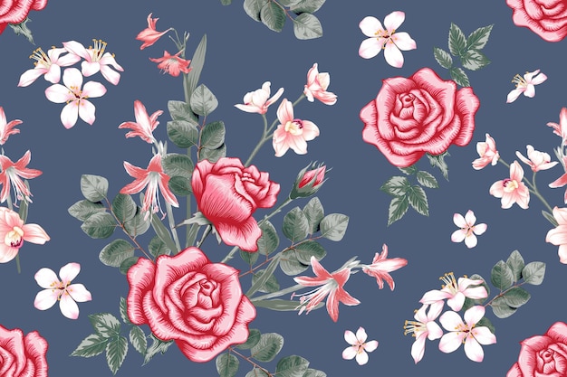 Vetor padrão sem costura rosa botânico flores de orquídea e rosa em fundo abstrato