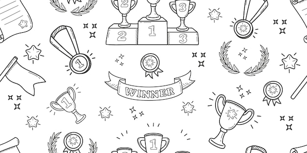 Padrão sem costura sobre o tema dos esportes em fundo de desenho animado de estilo doodle com copos de vencedores