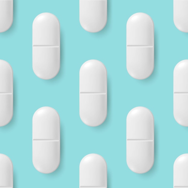 Padrão sem costura vetorial com cápsula de pílula médica farmacêutica branca realista em 3D