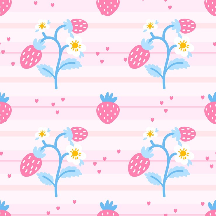 Vetor padrão sem costura vetorial com morangos bonitos e elementos florais em tons pastel suaves ideal para crianças papel de embrulho de roupas e têxteis de tema de verão design fresco e adorável