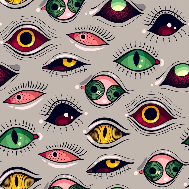 Padrão sem costura vetorial com olhos de demônio assustadores em fundo cinza