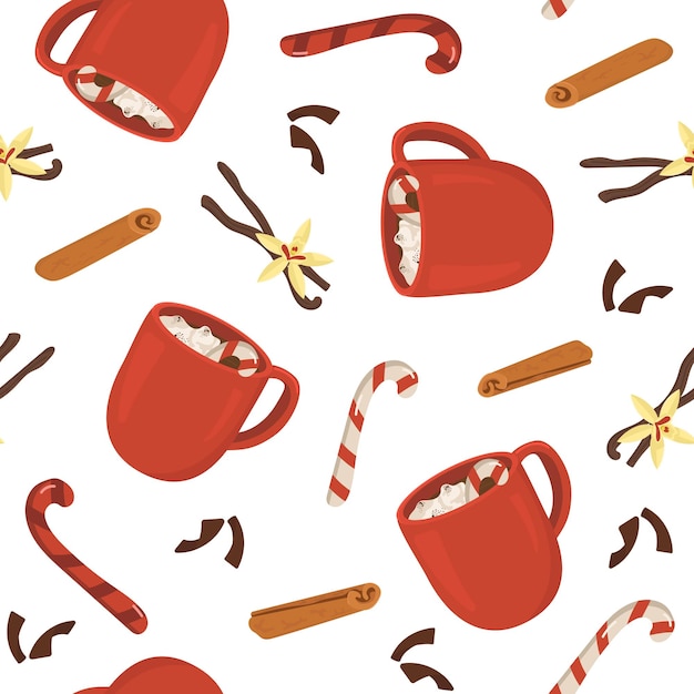 Padrão sem costura vetorial com xícara vermelha de bebida de inverno Imagem de chocolate quente com creme e baunilha