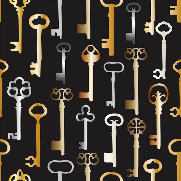 Padrão sem costura vintage com diferentes chaves antigas em metal dourado e prateado em fundo preto