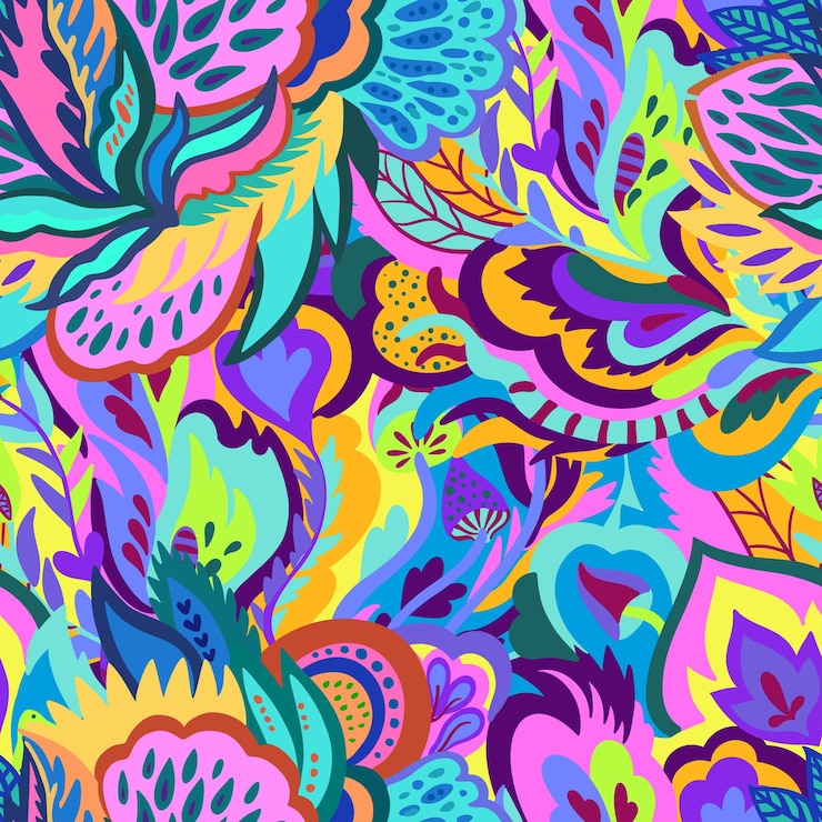 Vetor padrão sem costuras colorido com elementos abstratos florais e psicodélicos caóticos ilustração vetorial