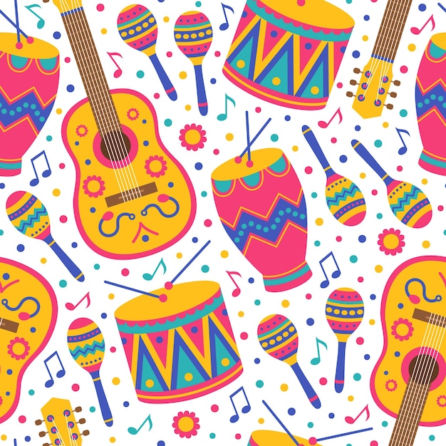 Padrão sem costuras colorido com guitarras, tambores, pauzinhos, maracas e notas Instrumentos musicais étnicos