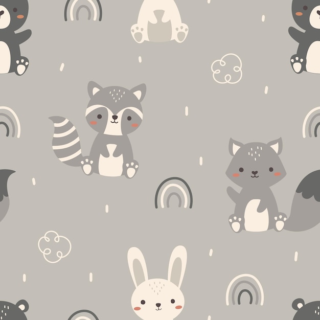 Padrão sem costuras com animais bonitos floresta urso coelho raposa guaxinim em cor pastel usado para fab
