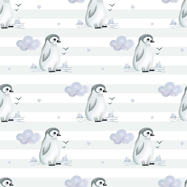Padrão sem costuras com aquarela pinguim papel de parede infantil bonito animais polares fundo