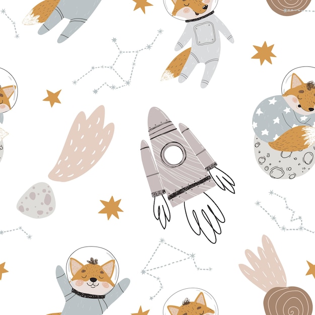 Padrão sem costuras com bonitos astronautas, raposas, planetas e estrelas para têxteis infantis
