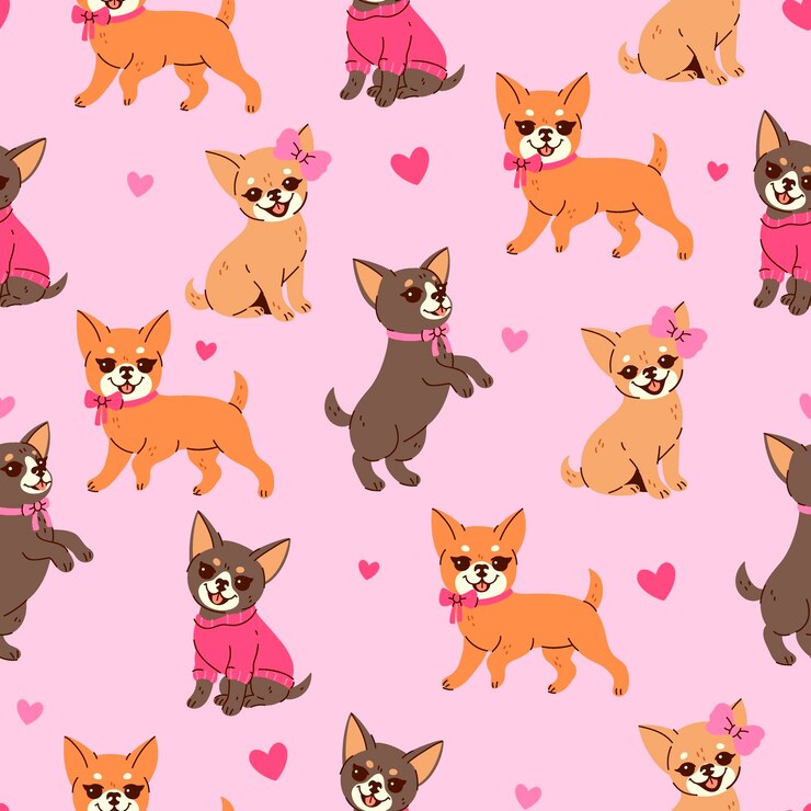 Vetor padrão sem costuras com chihuahuas bonitos com laços cor-de-rosa
