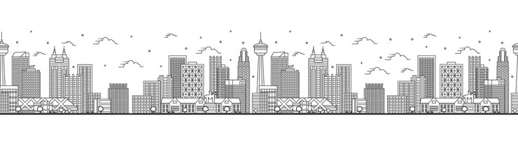 Vetor padrão sem costuras com contorno calgary canadá horizonte da cidade com edifícios modernos isolados na paisagem urbana de calgary branca com marcos