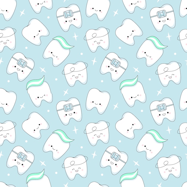 Padrão sem costuras com dentes sorridente kawaii O conceito de odontologia pediátrica e higiene bucal