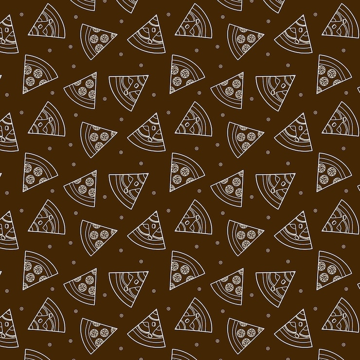 Vetor padrão sem costuras com fatias triangulares de pizzas de pepperoni com azeitonas de presunto em fundo castanho