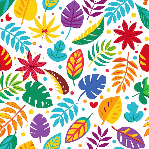 Padrão sem costuras com folhas tropicais coloridas, galhos, flores e pontos em fundo branco