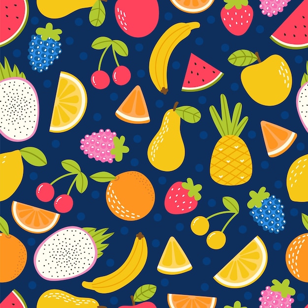 Padrão sem costuras com frutas de desenho animado desenhadas à mão Alimentação saudável tropical de verão Fundo infantil bonito