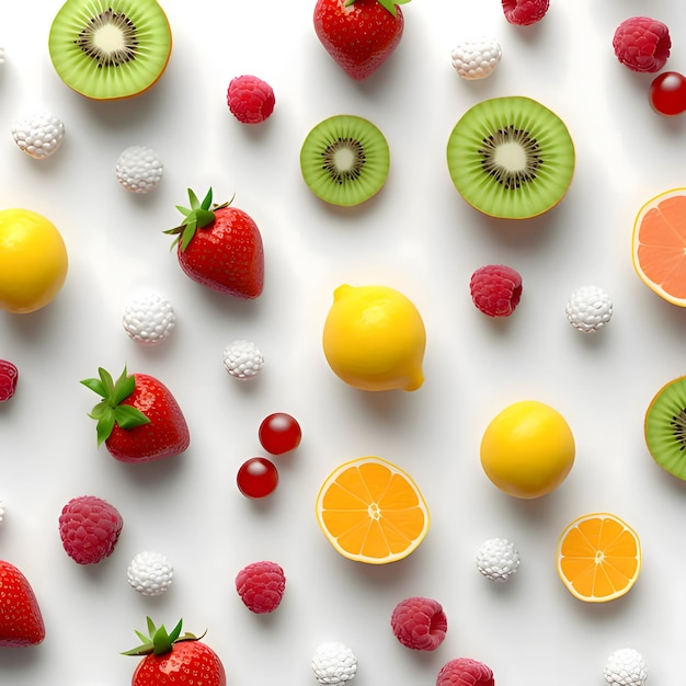 Vetor padrão sem costuras com frutas em fundo branco vista superior plana