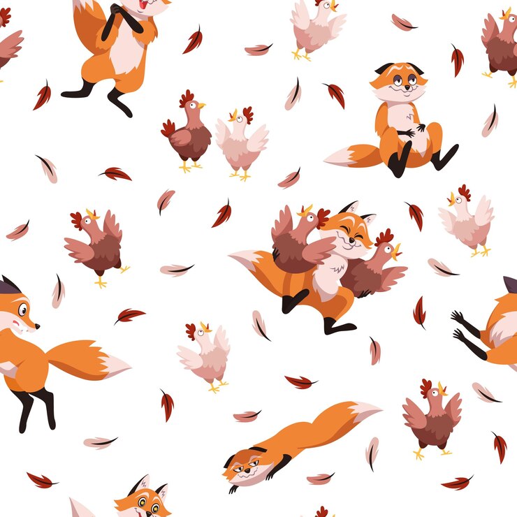 Vetor padrão sem costuras com galinhas e raposas impressão de tecido infantil engraçado com animal selvagem astuto decoração de papel de embrulho têxtil desenho de papel de parede elementos isolados planos de desenho animado conceito vetorial
