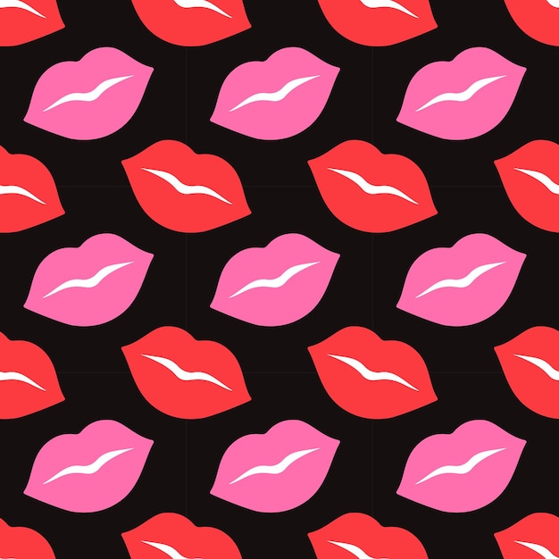 Padrão sem costuras com lábios vermelhos e cor-de-rosa em fundo preto Desenho plano em tons pastel