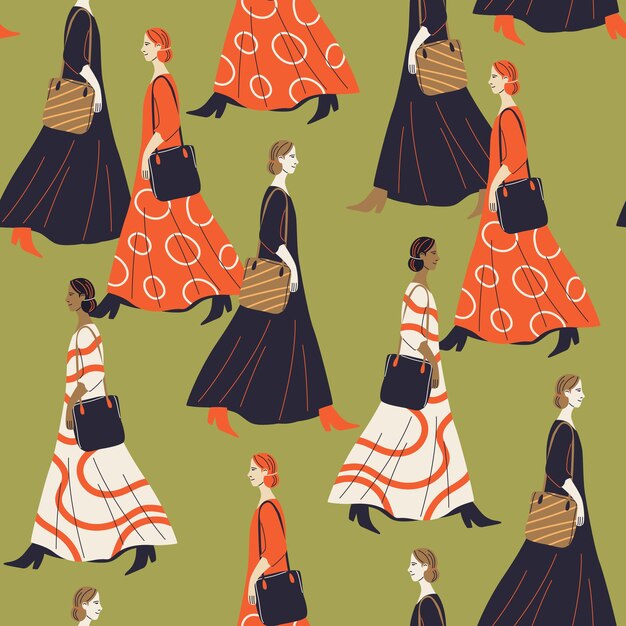 Padrão sem costuras com mulheres jovens elegantes caminhando em roupas modernas azulejos vetoriais em fundo verde