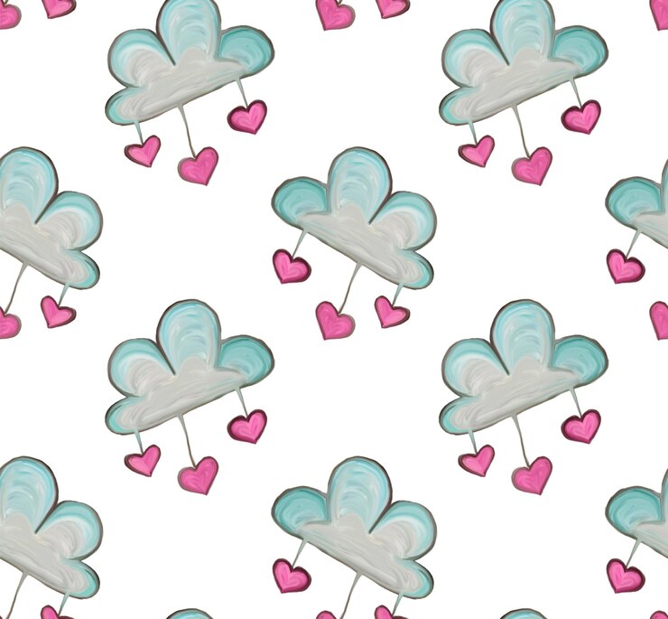 Vetor padrão sem costuras com nuvens azuis suaves com gotas de chuva em forma de coração rosa penduradas em um fundo branco