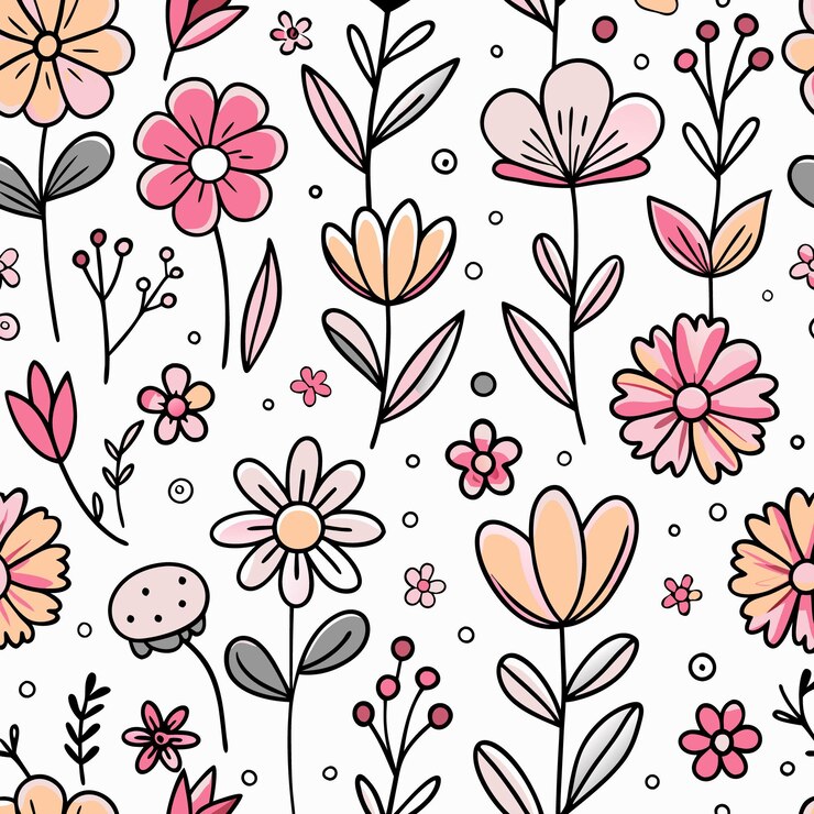 Vetor padrão sem costuras com pêssego rosa e flores brancas em fundo branco