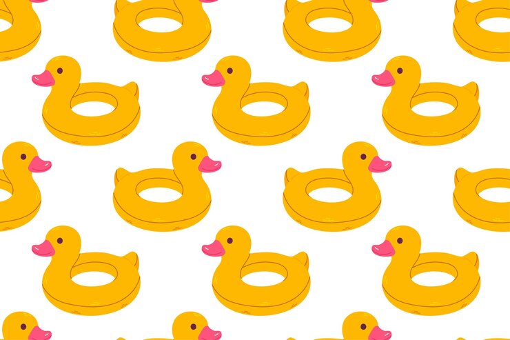 Vetor padrão sem costuras com piscinas em forma de pato amarelo flutuando em fundo branco