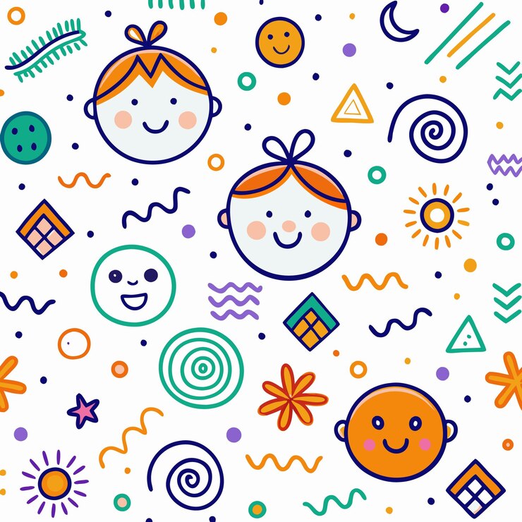 Vetor padrão sem costuras com rostos sorridentes desenhados à mão, estrelas solares e formas geométricas em cores azul, laranja, verde, roxo e rosa em fundo branco