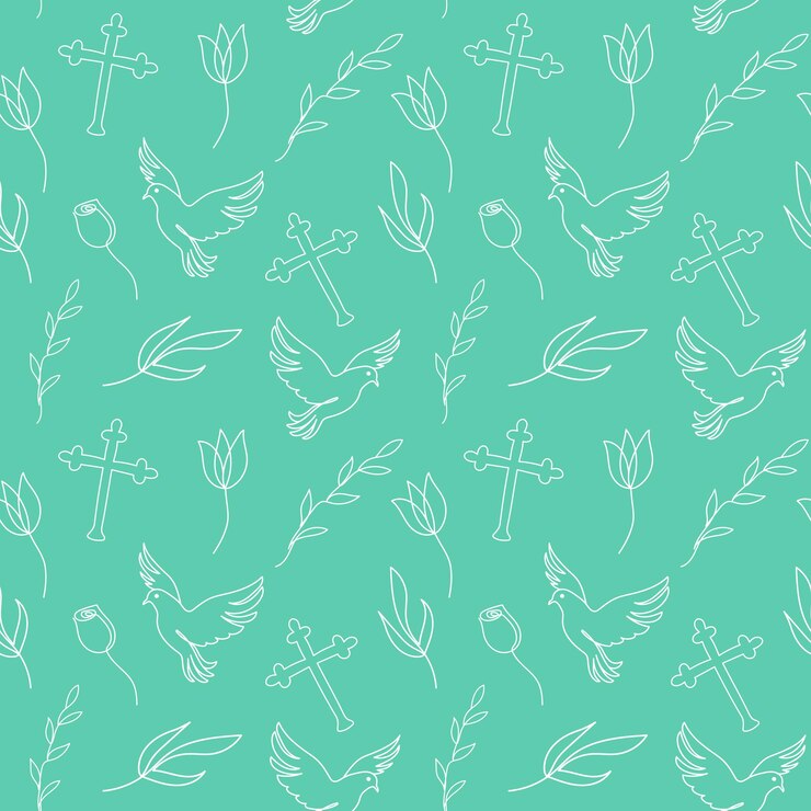 Vetor padrão sem costuras com símbolos cristãos desenho contínuo de uma linha de cruzes pombas elementos florais em fundo verde conceito de paz religiosa de páscoa impressão de papel de embrulho têxtil