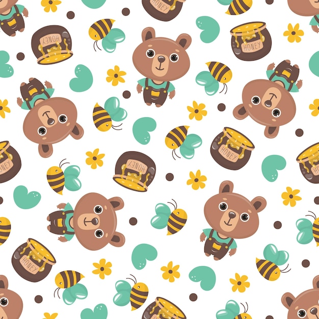 Padrão sem costuras com um ursinho de pelúcia em roupas um barril de abelhas de mel e corações em estilo de desenho animado em cor fundo infantil