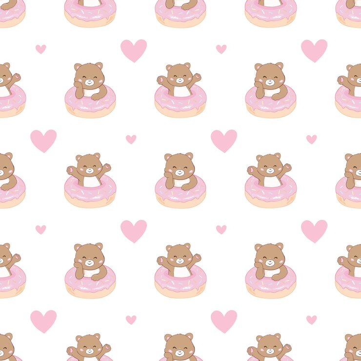 Vetor padrão sem costuras com ursinhos de pelúcia donuts desenho manual letras alegria doce