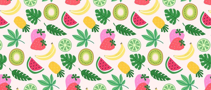 Vetor padrão sem costuras de frutas coloridas bagas e folhas tropicais impressão de verão com frutas desenhadas à mão