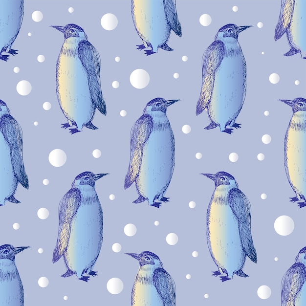 Padrão sem costuras de pinguins com fundo azul e pontos brancos