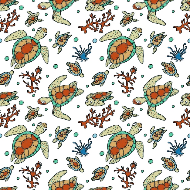 Padrão sem costuras desenhado à mão com tartarugas marinhas Fundo de vida subaquática tropical Ilustração vetorial