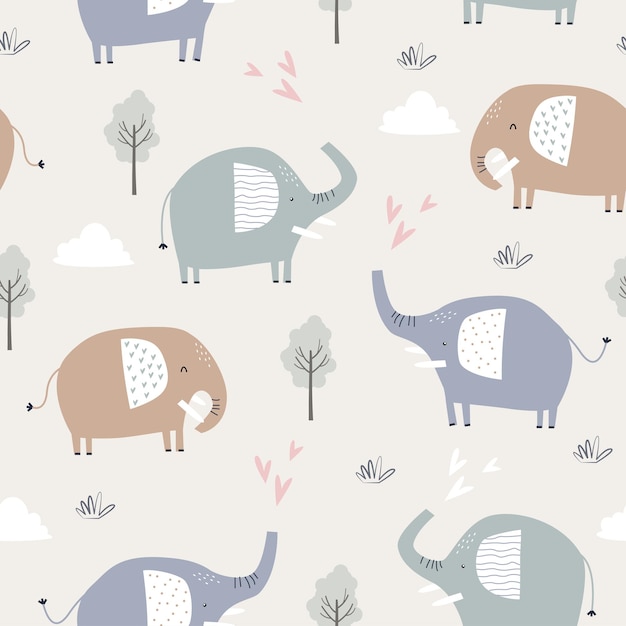 Padrão sem costuras infantil e brincalhão com árvore de elefante bonita e nuvem Ilustração vetorial