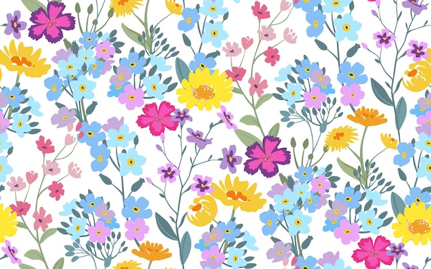 Padrão sem costuras vetorial com prado em flor fundo interminável brilhante com flores silvestres coloridas esquecimentos margaridas de camomila