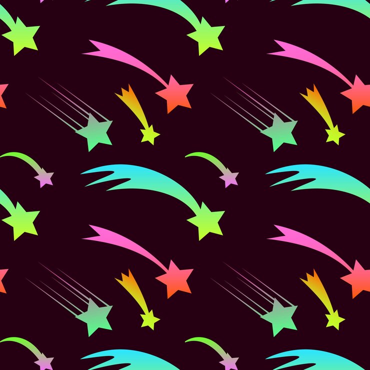 Vetor padrão sem emenda bonito festivo com estrelas voadoras de néon fundo comemorativo com enfeite de estrela de natal para texturas de superfície têxtil de papel de embrulho de presente ilustração vetorial eps