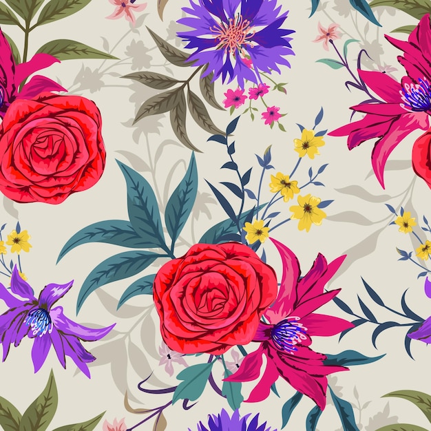 Padrão sem emenda colorido elegante com ilustração de design floral botânico