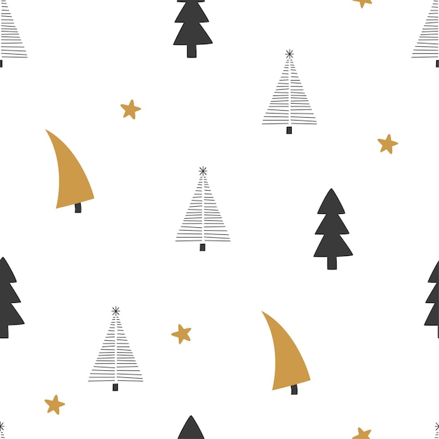 Vetor padrão sem emenda com árvores e estrelas de natal