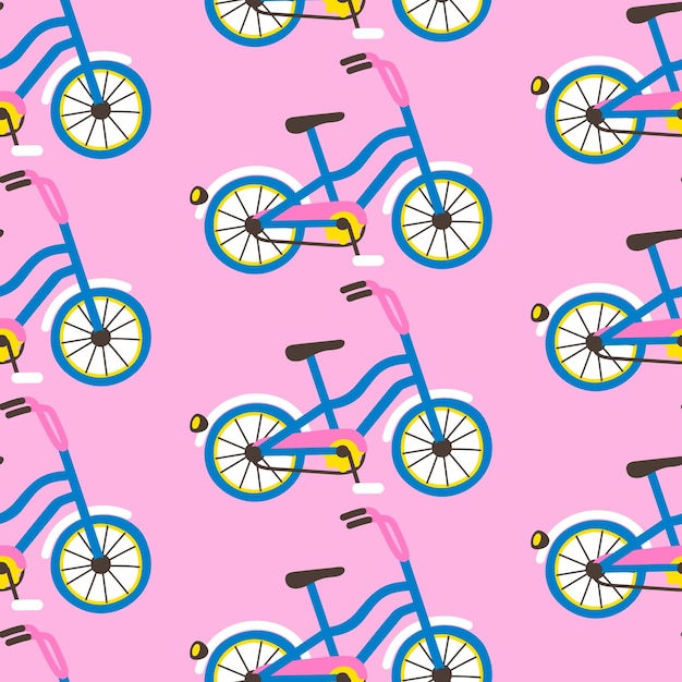 Vetor padrão sem emenda com bicicletas em fundo rosa. estilo de desenho plano para papel de embrulho, impressão têxtil, papel de parede