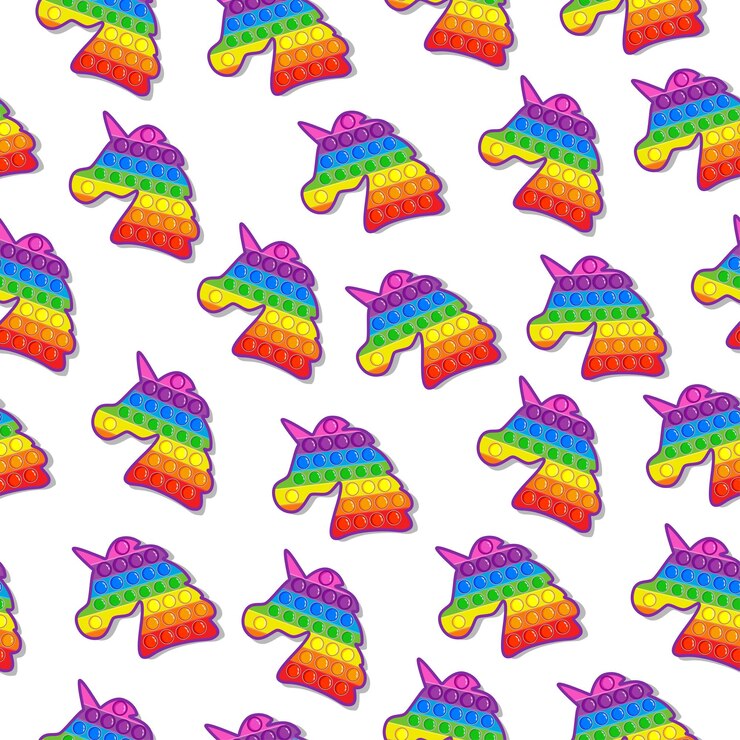 Vetor padrão sem emenda com brinquedos anti-stress das cores do arco-íris, um unicórnio em um fundo branco. abra isso.