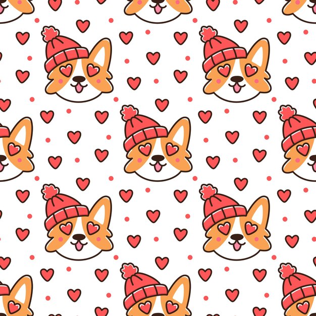 Padrão sem emenda com cachorro Corgi em chapéu de malha vermelho com coração para feliz dia dos namorados