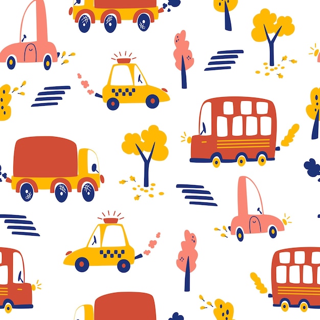 Padrão sem emenda com carros desenhados à mão. Ônibus de turismo, carros de desenho animado, passadeira, táxi, árvores com folhas. Fundo de crianças do transporte da cidade. Para impressão, papel de parede, tecido, têxtil da moda. Vetor