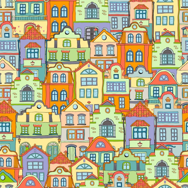 Padrão sem emenda com casas escandinavas coloridas doodles. fundo colorido.