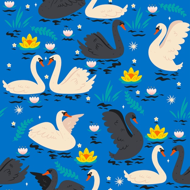 Padrão sem emenda com cisnes na lagoa.
