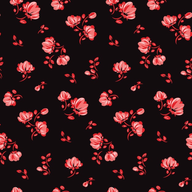 Padrão sem emenda com composição floral liberdade em um fundo preto impressão floral romântica com pequenas flores vermelhas folhas desenhadas à mão galhos fundo botânico escuro artístico ilustração vetorial